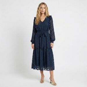 Moon River Anthropologie Navy Polka Dot Midi Dress XS Ruffle Long Coquette